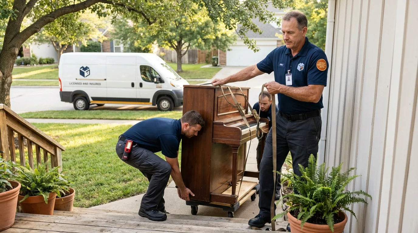 Licensed piano movers securing grand piano in Tryon, NC