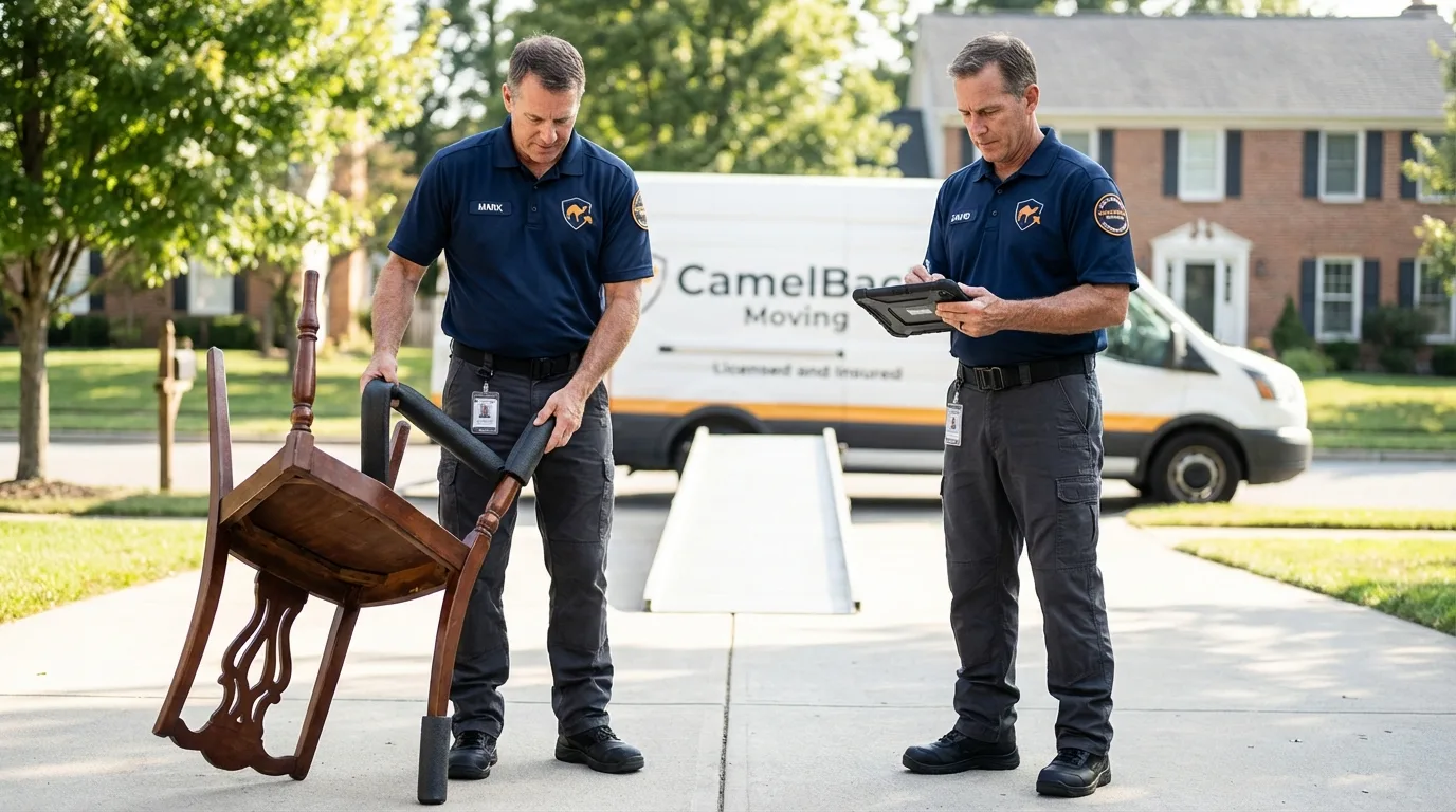 Movers inspecting furniture for damage prevention before loading in Tryon, NC